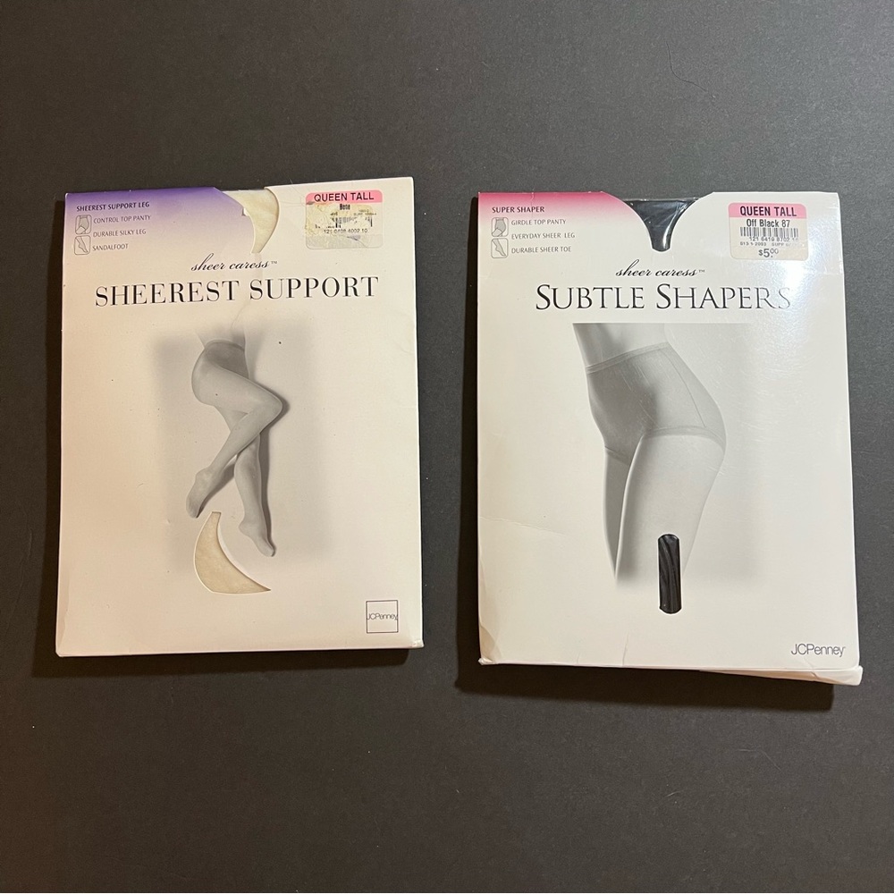 Vtg JC Penney Sheer Caress (QUEEN TALL) (2 Pair) Pantyhose Bone + Off Black
